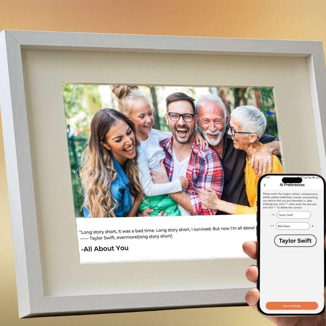 Close-up of old iPad screen running iFramix app, transforming the tablet into a premium digital photo frame with AI-curated magazine style layouts.