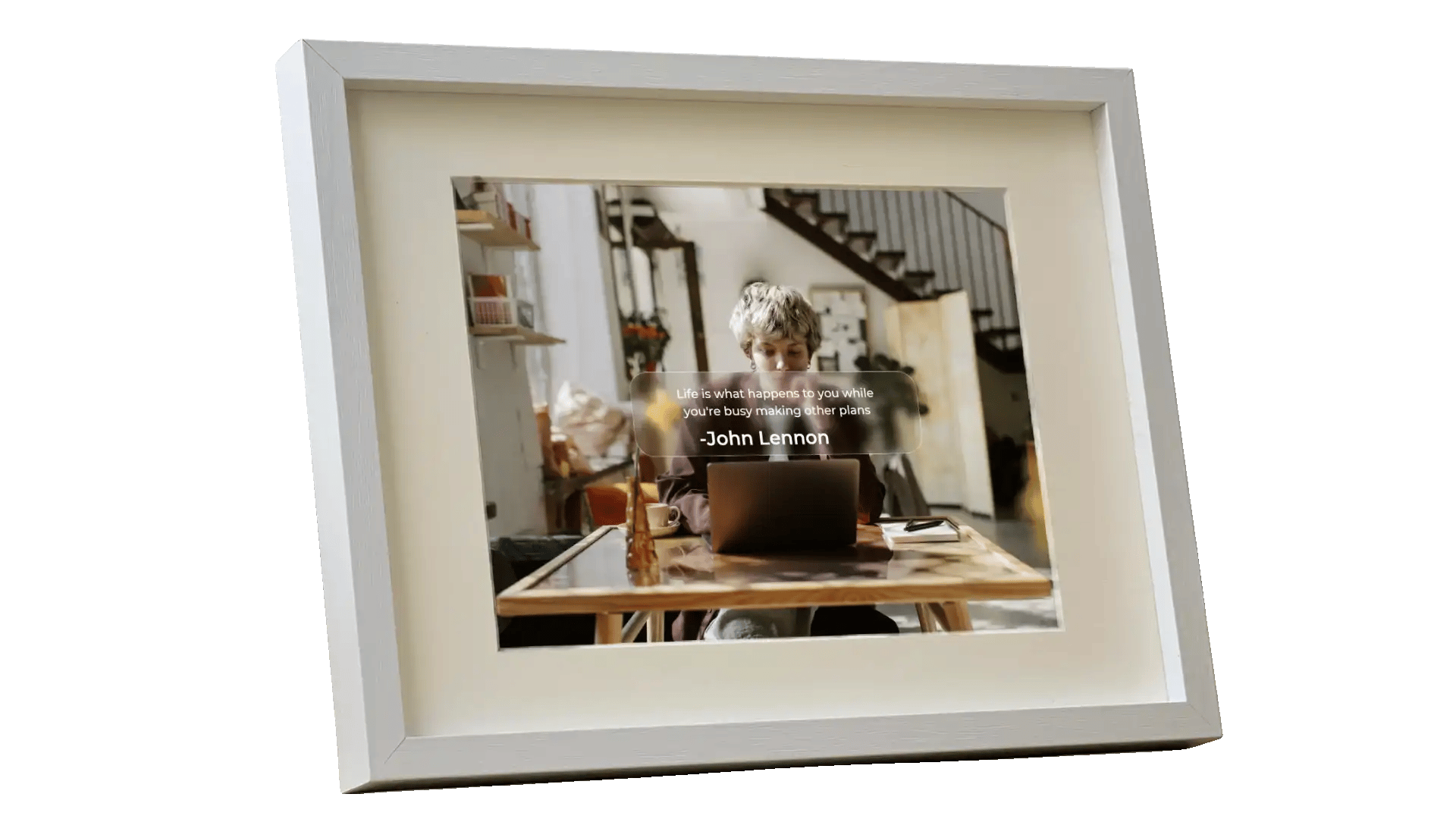 Repurposed iPad running iFramix app featuring AI-driven Magazine Mode layout, displaying photos, digital calendar, and live weather widgets on a smart home dashboard.